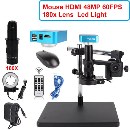 4K HD Video Microscope with 1-180X Continuous Zoom and C-Mount Parfocal Lens for Video Capture, Measurement, and Cellphone Repair