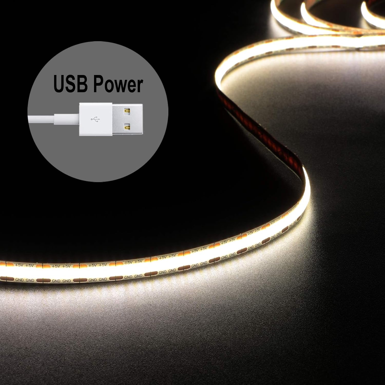 5V USB LED Strip 4.9Ft-480Leds White LED Strip Lights 4000K CRI85+ COB LED Strip Lights, Flexible USB Strip Lights and Cuttable LED Strip for TV Backlight, Bedroom, Cabinet, Kitchen, DIY Lighting