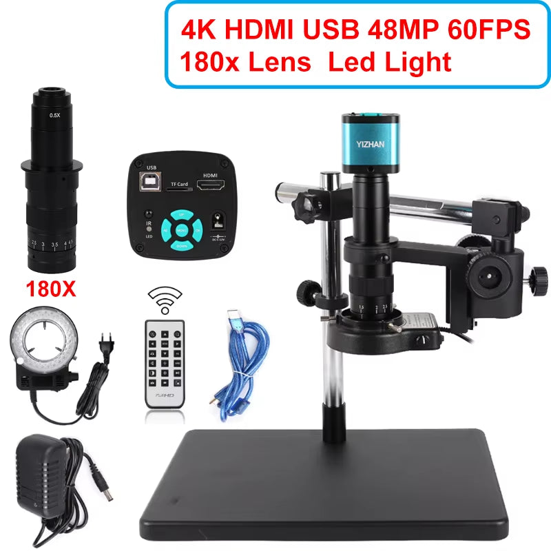 4K HD Video Microscope with 1-180X Continuous Zoom and C-Mount Parfocal Lens for Video Capture, Measurement, and Cellphone Repair