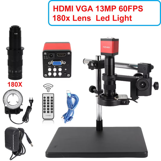 4K HD Video Microscope with 1-180X Continuous Zoom and C-Mount Parfocal Lens for Video Capture, Measurement, and Cellphone Repair