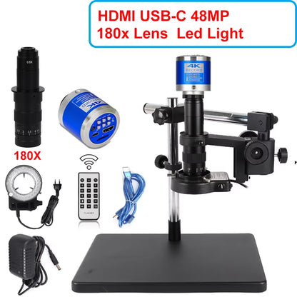 4K HD Video Microscope with 1-180X Continuous Zoom and C-Mount Parfocal Lens for Video Capture, Measurement, and Cellphone Repair