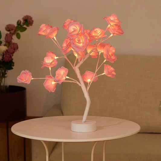 USB Rechargeable LED Rose Flower Bonsai Tree Table Lamp - Decorative Night Light and Garland for Bedroom and Holiday Home Decor