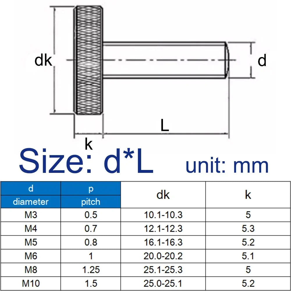 304 Stainless Steel M3 M4 M5 M6 M8 M10 Thumb Flat Knurled Large Round Head Bolt