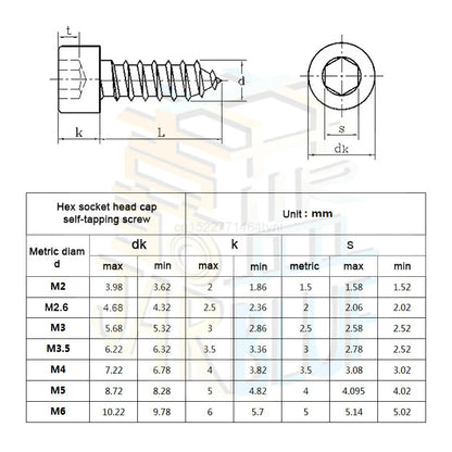 M2 M2.6 M3 M3.5 M4 M5 M6 Hex Hexagon Socket Cap Head Self Tapping Screw 8.8 Grade