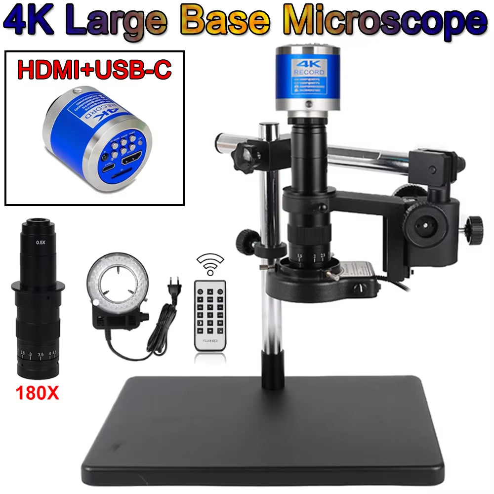 4K HD Video Microscope with 1-180X Continuous Zoom and C-Mount Parfocal Lens for Video Capture, Measurement, and Cellphone Repair