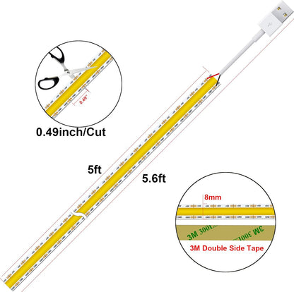 5V USB LED Strip 4.9Ft-480Leds White LED Strip Lights 4000K CRI85+ COB LED Strip Lights, Flexible USB Strip Lights and Cuttable LED Strip for TV Backlight, Bedroom, Cabinet, Kitchen, DIY Lighting